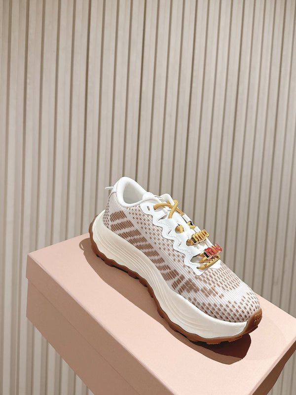 Miu Technical Sneakers White Light Brown Cowhide Fabric 445810