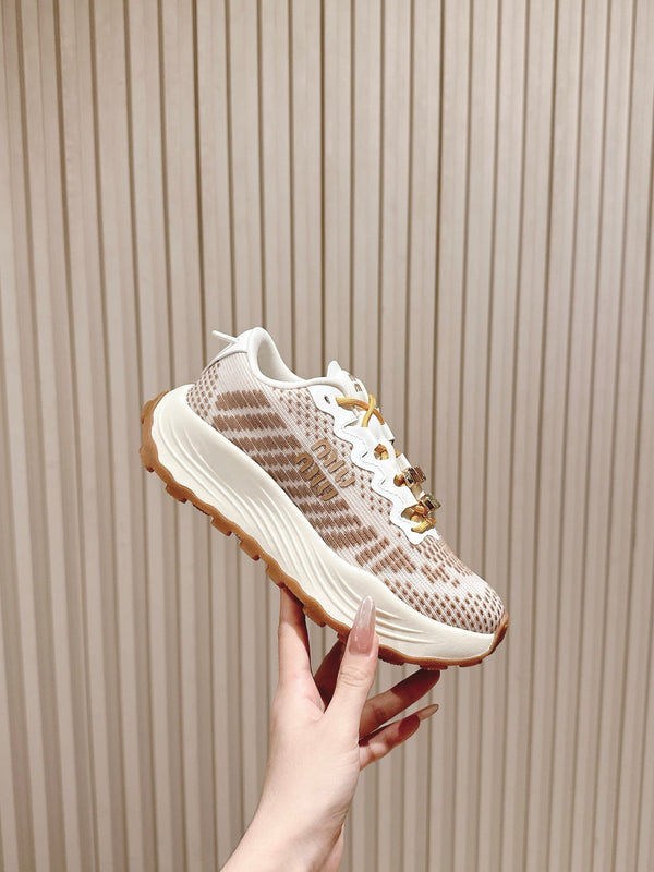Miu Technical Sneakers White Light Brown Cowhide Fabric 445810
