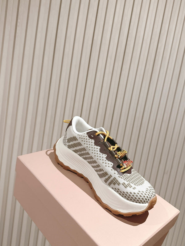 Miu Technical Sneakers White Olive Cowhide Fabric 445811