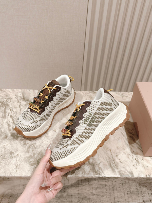 Miu Technical Sneakers White Olive Cowhide Fabric 445811