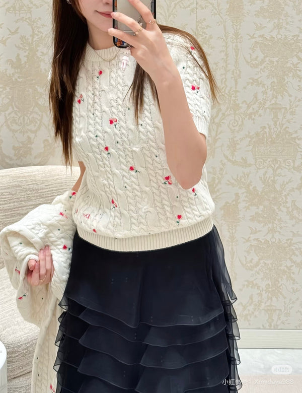 CD SS26 Set Dioramour Embroidered Cardigan Short-Sleeved Sweater Ecru Cashmere 351370