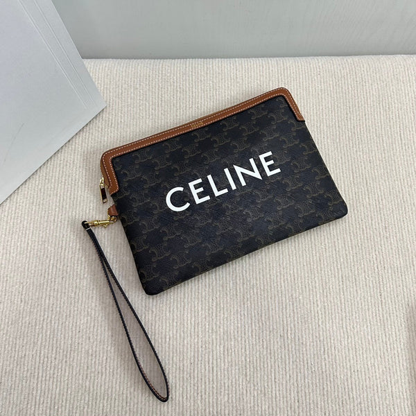 BORSA PICCOLA 25 IN TELA TRIOMPHE NERA E PELLE DI VITELLO MARRONE CON STAMPA CELINE
