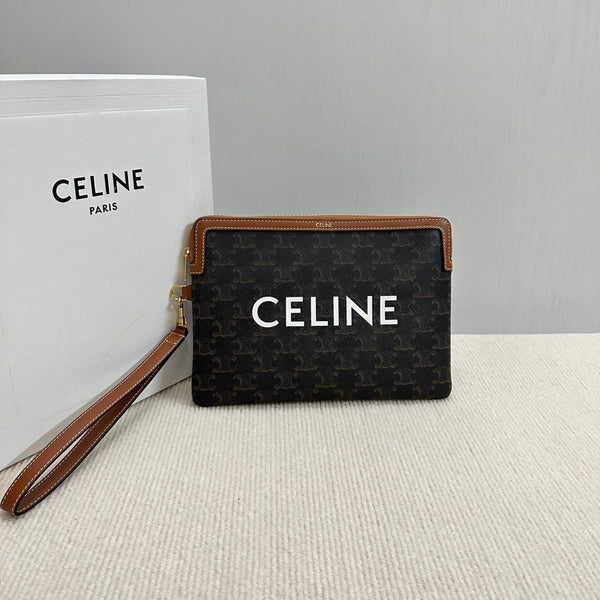 BORSA PICCOLA 25 IN TELA TRIOMPHE NERA E PELLE DI VITELLO MARRONE CON STAMPA CELINE