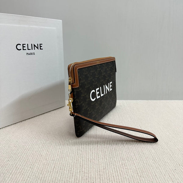 BORSA PICCOLA 25 IN TELA TRIOMPHE NERA E PELLE DI VITELLO MARRONE CON STAMPA CELINE