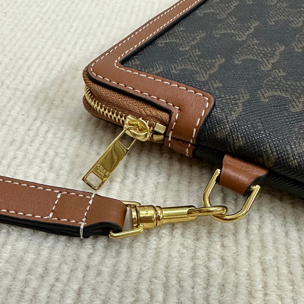 BORSA PICCOLA 25 IN TELA TRIOMPHE NERA E PELLE DI VITELLO MARRONE CON STAMPA CELINE