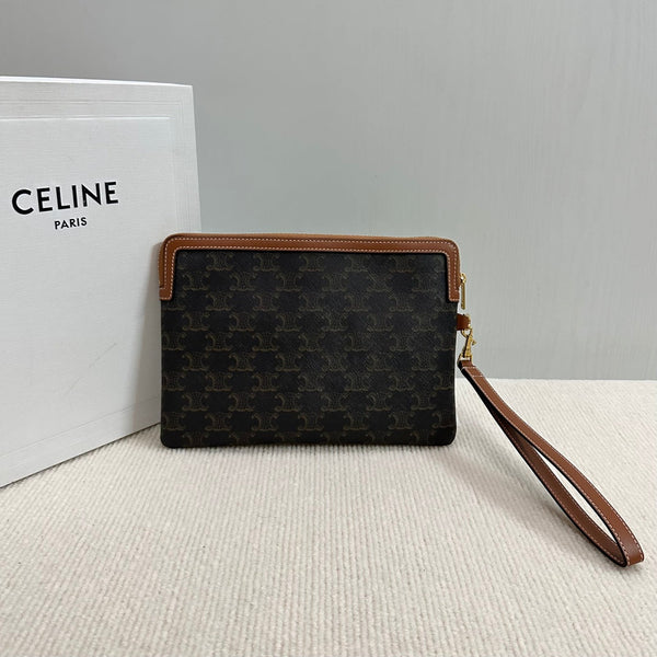 BORSA PICCOLA 25 IN TELA TRIOMPHE NERA E PELLE DI VITELLO MARRONE CON STAMPA CELINE