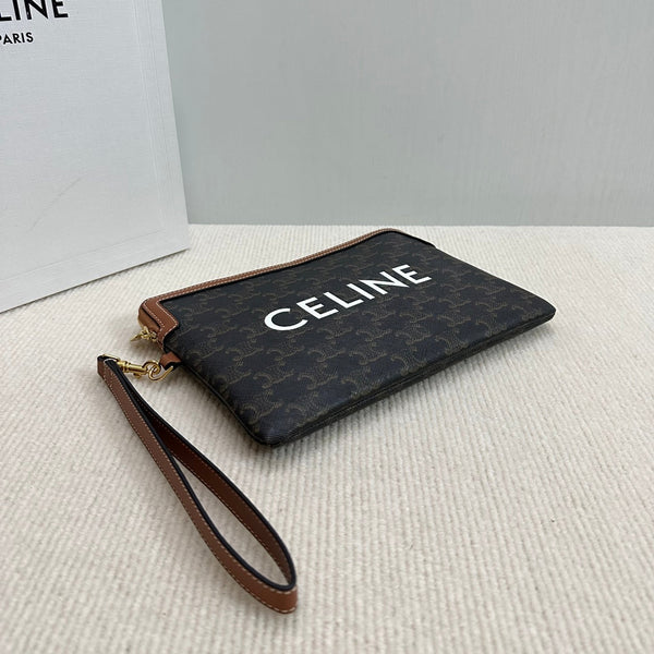 BORSA PICCOLA 25 IN TELA TRIOMPHE NERA E PELLE DI VITELLO MARRONE CON STAMPA CELINE