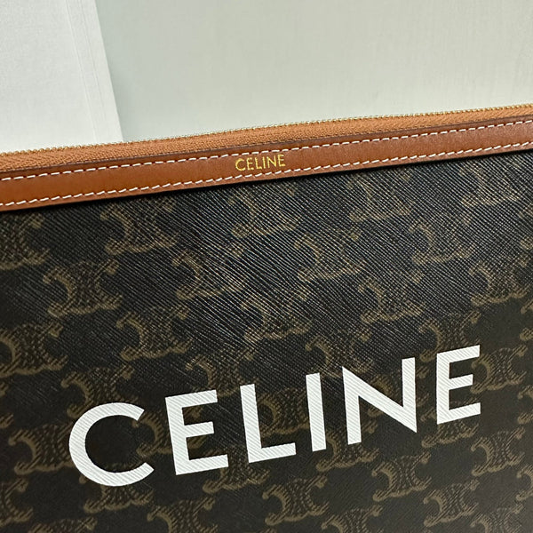 BORSA PICCOLA 25 IN TELA TRIOMPHE NERA E PELLE DI VITELLO MARRONE CON STAMPA CELINE