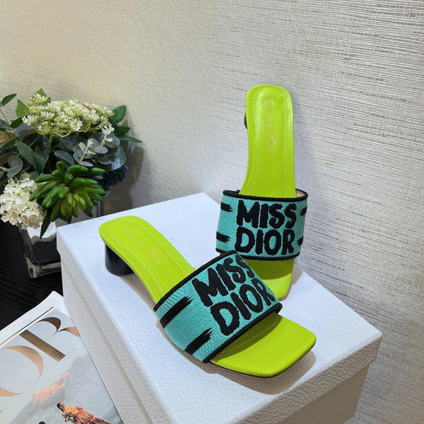 Ciabatte con tacco Dway 35 blu lime in cotone ricamato