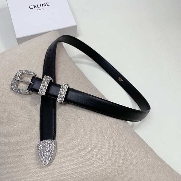 CL 25 MM MARCO BELT WITH STRASS IN BLACK CALFSKIN SILVER HARDWARE