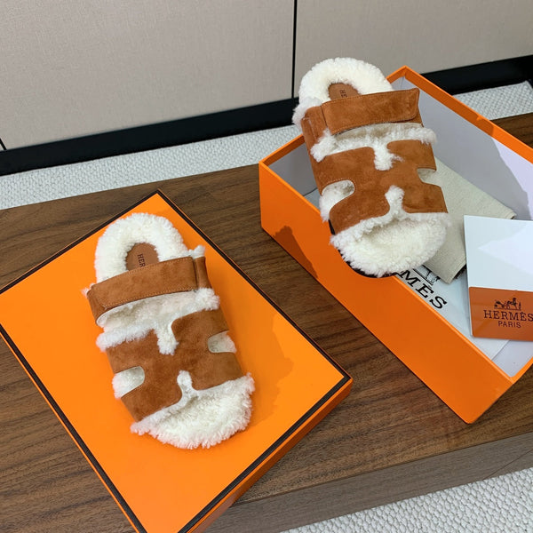 HM Chypre Sandal In Brown Orange Mix White Fleece And Suede  984198