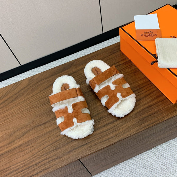 HM Chypre Sandal In Brown Orange Mix White Fleece And Suede  984198