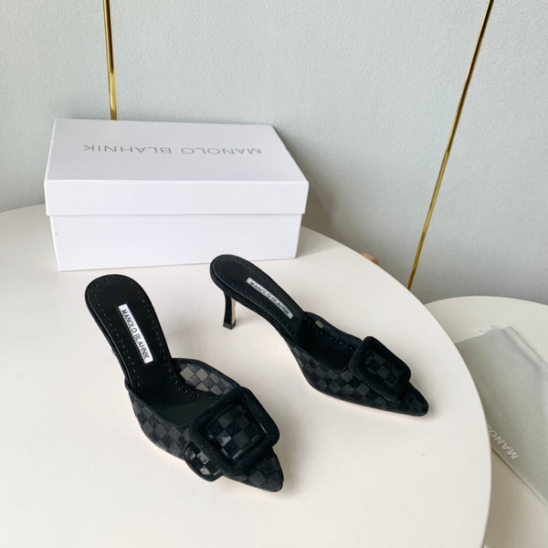 Manolo Mules Latest Checkerboard Black Fabric Leather 528010