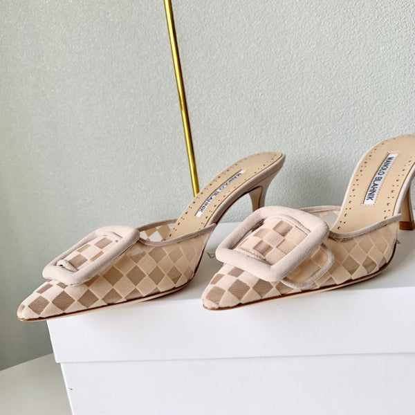 Manolo Mules Latest Checkerboard Beige Fabric Leather 528011