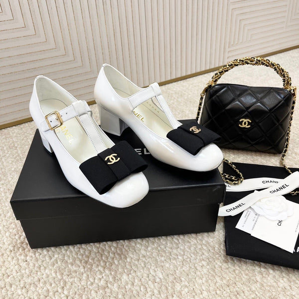 CC 26s Bow Mary Jane Chunky Heel 6cm White Glossy Leather 787147