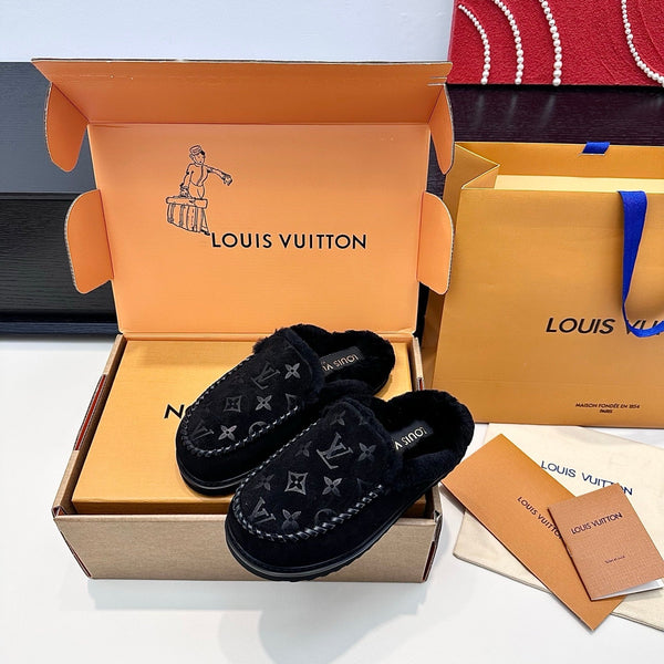 LV Ski Colorado Closed Mule Black Suede Wool 542228