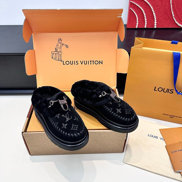 LV Cortina Closed Mule Black Suede Wool 542230