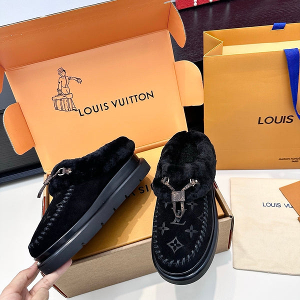 LV Cortina Closed Mule Black Suede Wool 542230