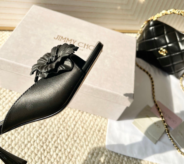Jimmy Choo Skye Corsage Sandals Black Sheepskin 669846