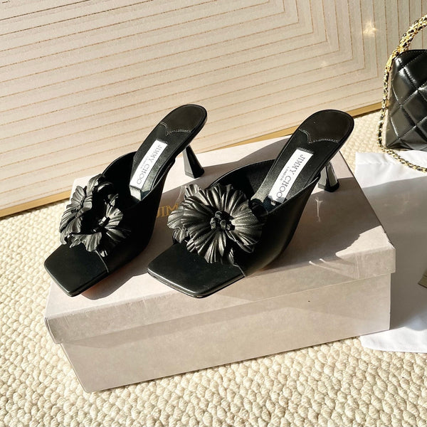 Jimmy Choo Skye Corsage Sandals Black Sheepskin 669846