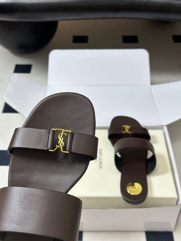 YSL Babylone Slides Brown Smooth Leather 787572