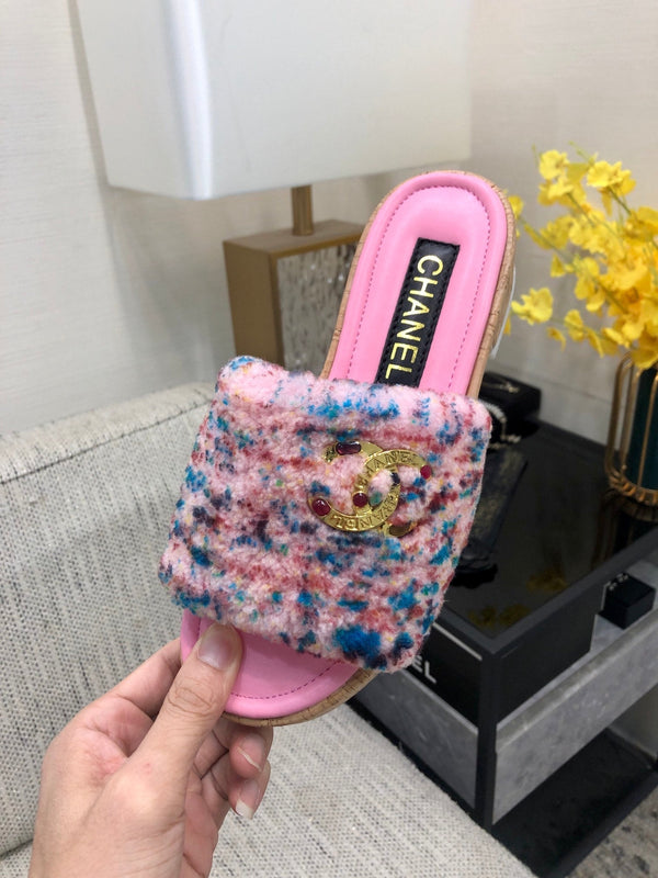 CC 26s Slippers Pink Mix Blue Red Fleece Wool Leather 970121
