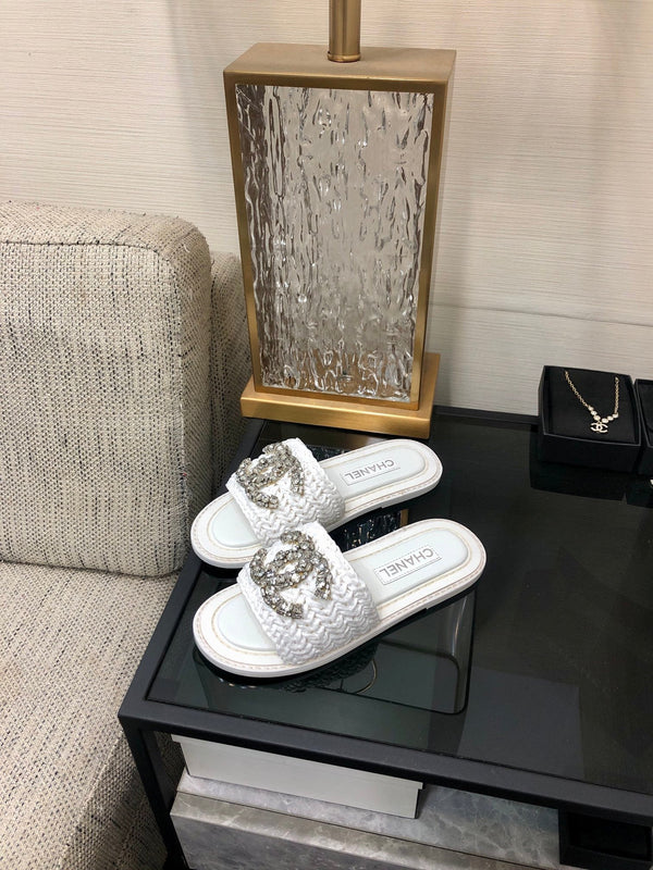 CC Flat Slides White Braided Raffia Crystal Embellished 688666