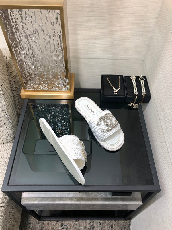 CC Flat Slides White Braided Raffia Crystal Embellished 688666