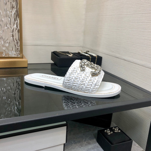 CC Flat Slides White Braided Raffia Crystal Embellished 688666