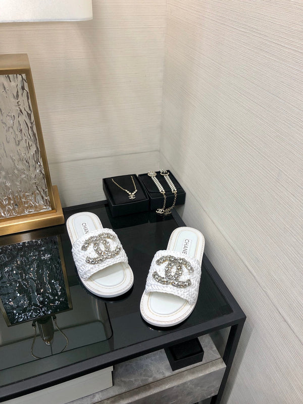 CC Flat Slides White Braided Raffia Crystal Embellished 688666