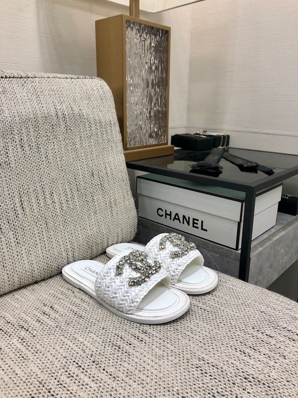 CC Flat Slides White Braided Raffia Crystal Embellished 688666