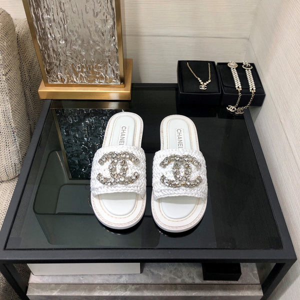 CC Flat Slides White Braided Raffia Crystal Embellished 688666