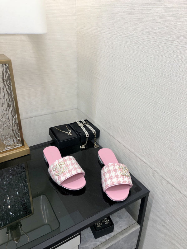 mule sandal pink white houndstooth fabric