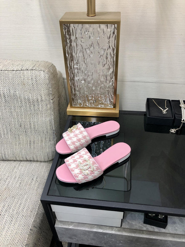 mule sandal pink white houndstooth fabric