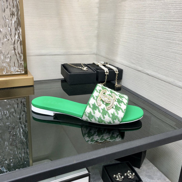 mule sandal green white houndstooth fabric