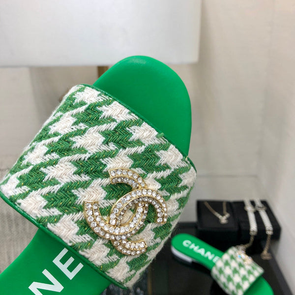 mule sandal green white houndstooth fabric