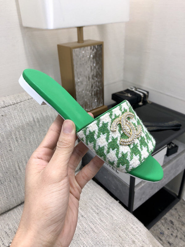 mule sandal green white houndstooth fabric