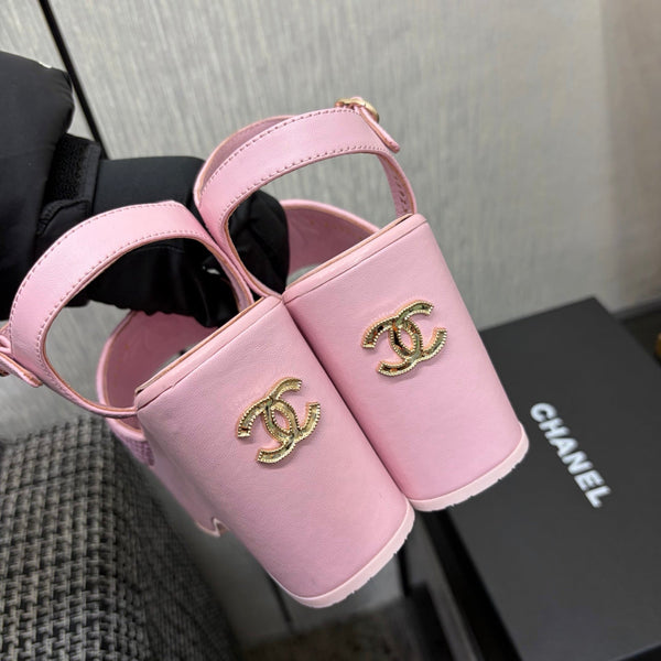 CC 26s Sandale à Plateforme Rose Clair Raffia Peau de Mouton 688696