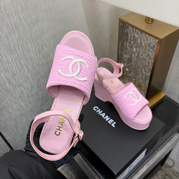 CC 26s Sandale à Plateforme Rose Clair Raffia Peau de Mouton 688696