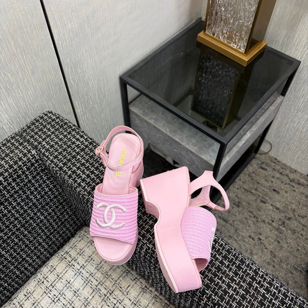 CC 26s Sandale à Plateforme Rose Clair Raffia Peau de Mouton 688696