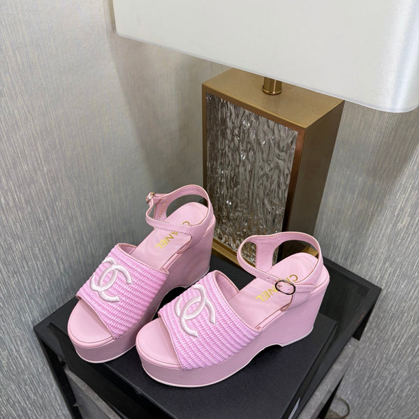 CC 26s Sandale à Plateforme Rose Clair Raffia Peau de Mouton 688696