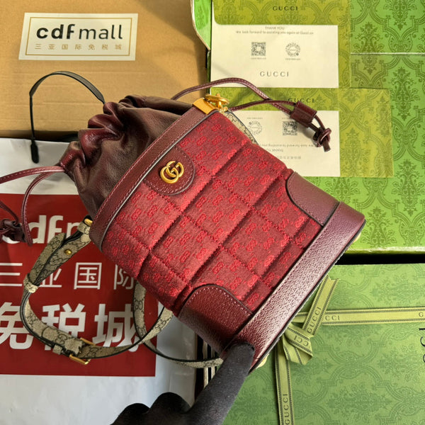 BORSA A SECCHIELLO 18 IN TELA ROSSA BORDEAUX E VITELLO FERRAMENTA ORO