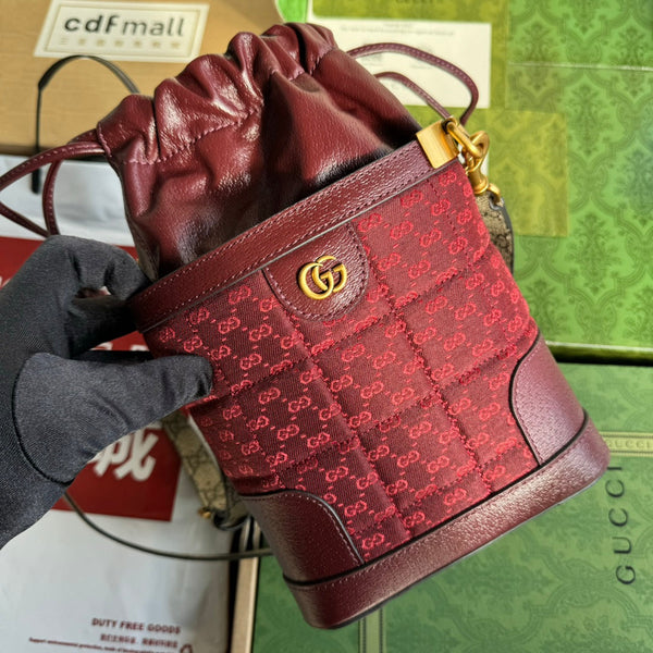 BORSA A SECCHIELLO 18 IN TELA ROSSA BORDEAUX E VITELLO FERRAMENTA ORO