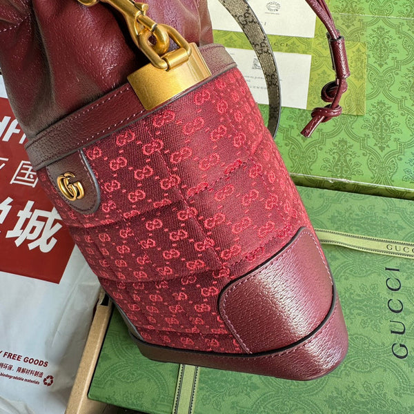 BORSA A SECCHIELLO 18 IN TELA ROSSA BORDEAUX E VITELLO FERRAMENTA ORO