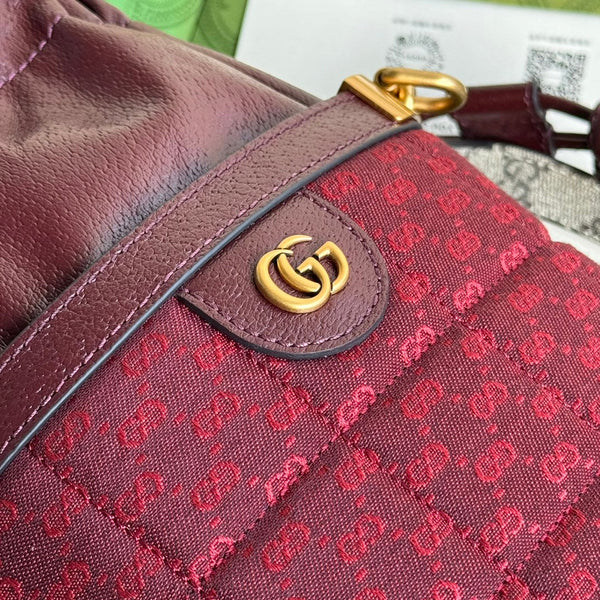 BORSA A SECCHIELLO 18 IN TELA ROSSA BORDEAUX E VITELLO FERRAMENTA ORO