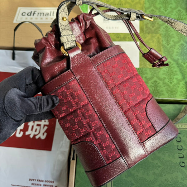 BORSA A SECCHIELLO 18 IN TELA ROSSA BORDEAUX E VITELLO FERRAMENTA ORO
