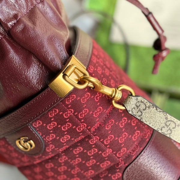 BORSA A SECCHIELLO 18 IN TELA ROSSA BORDEAUX E VITELLO FERRAMENTA ORO