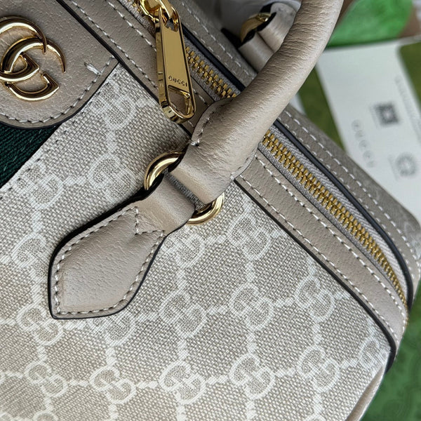 BORSA OPHIDIA MEDIA CON MANICO SUPERIORE 31 IN TELA BEIGE BIANCA E RIFINITURE IN PELLE DI VITELLO AVENA, FERRAMENTA ORO