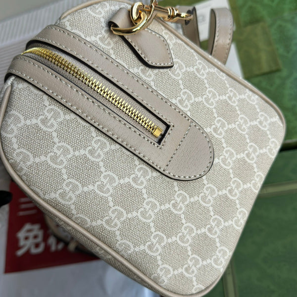 BORSA OPHIDIA MEDIA CON MANICO SUPERIORE 31 IN TELA BEIGE BIANCA E RIFINITURE IN PELLE DI VITELLO AVENA, FERRAMENTA ORO