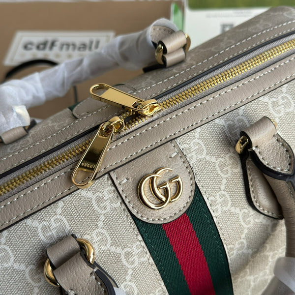 BORSA OPHIDIA MEDIA CON MANICO SUPERIORE 31 IN TELA BEIGE BIANCA E RIFINITURE IN PELLE DI VITELLO AVENA, FERRAMENTA ORO